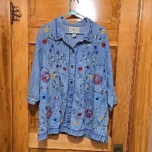 Tanzara Floral Embroidered Cottagecore Denim Shirt 3X